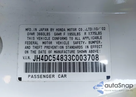 2003 Acura Rsx from USA, damaged, VIN JH4DC54833C003708